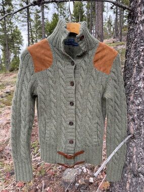 Ralph Lauren Olive Cable Knit Button-Up Sweater with Brown Suede Elbows womens m